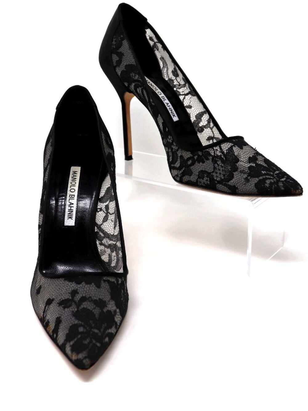 SOLD——- Manolo Blahnik 38 BB 105 Black Floral Lace Satin Stiletto Point Toe Pump - Picture 15 of 15